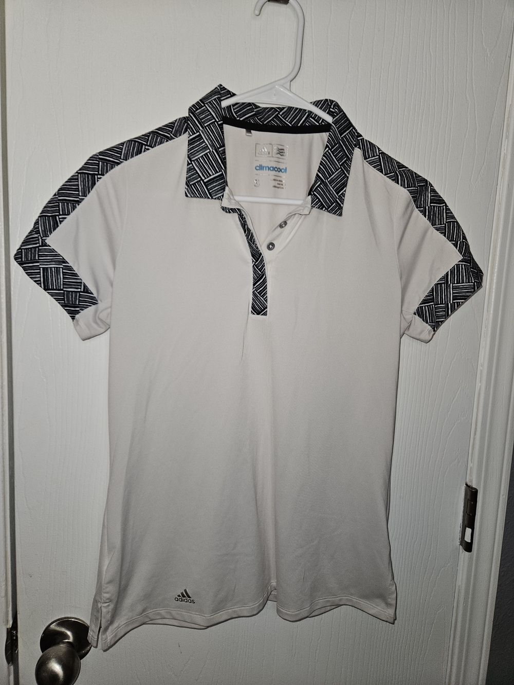 Adidas White Climacool Polo with Black Patterned Trim